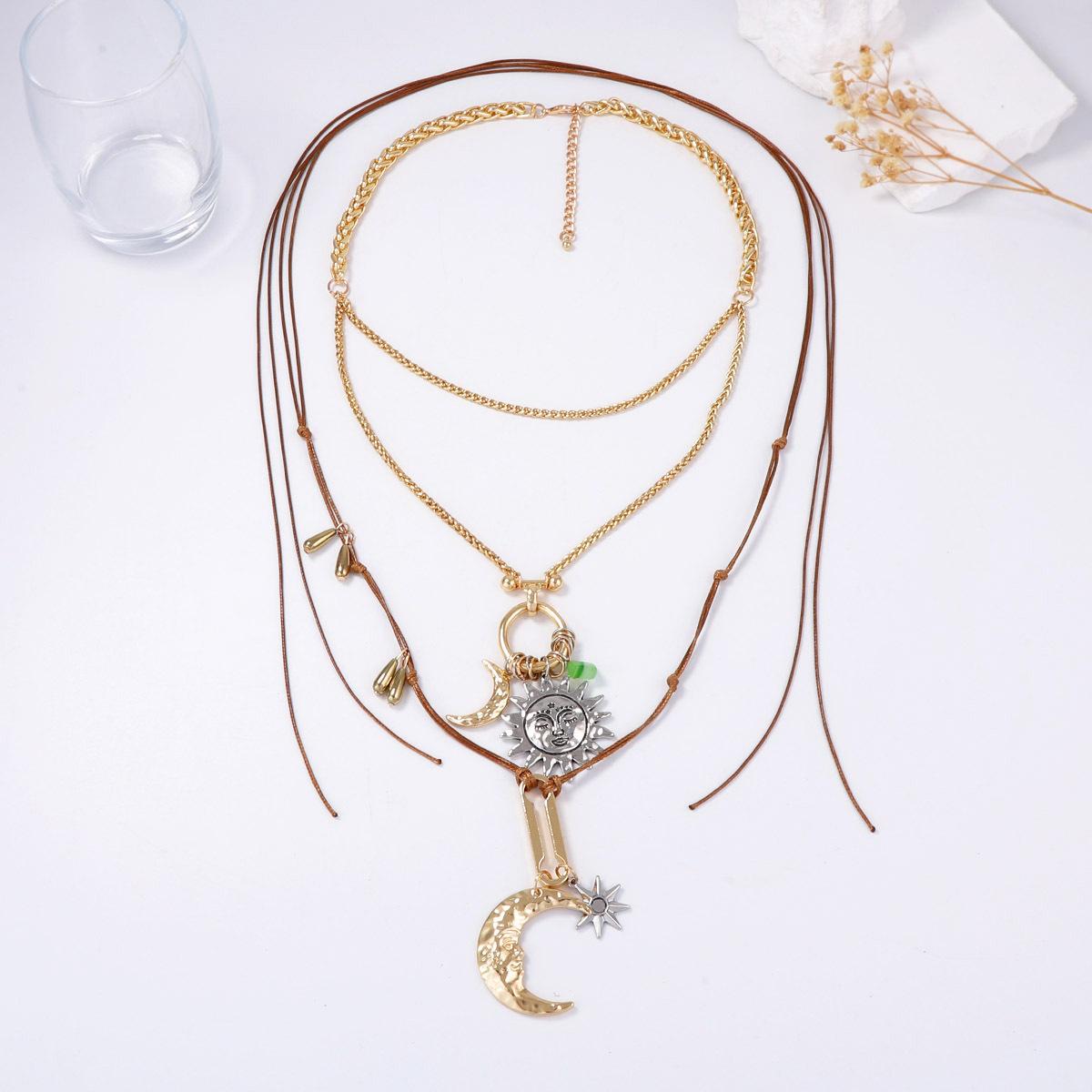 

Exaggerated personality trend alloy sun and moon pendant double chain set necklace light luxury high-end design necklace