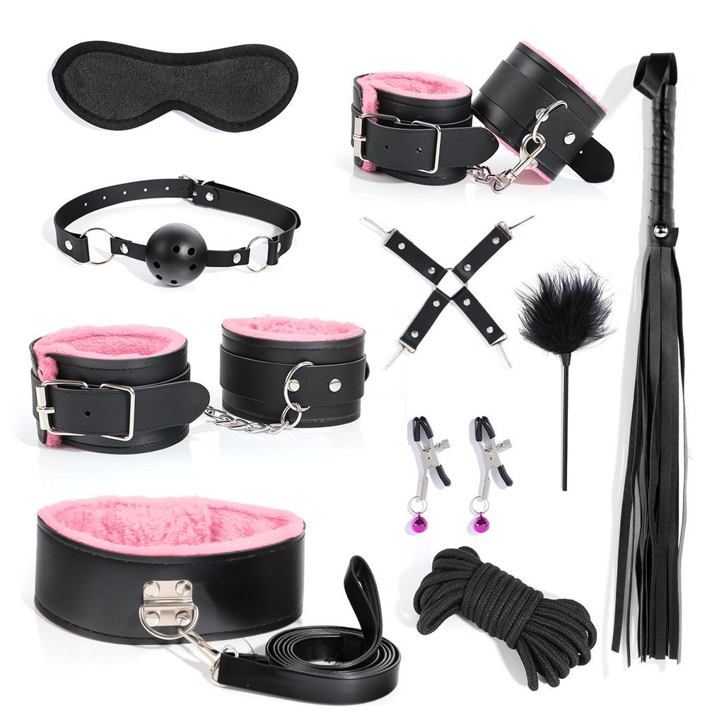 BDSM Bondage Bundle Set Leather Plush Blindfold Handcuffs Whip Nipple Clip Adult Sex Toys Women Erotic Restraint Game Kit