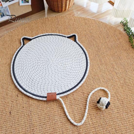Cat Scratcher Mat Natural Cotton Rope Scratching Mat Cat Ear Design Scratcher with Ball Toy Furniture Protector for Wall Couch Carpet Sofa