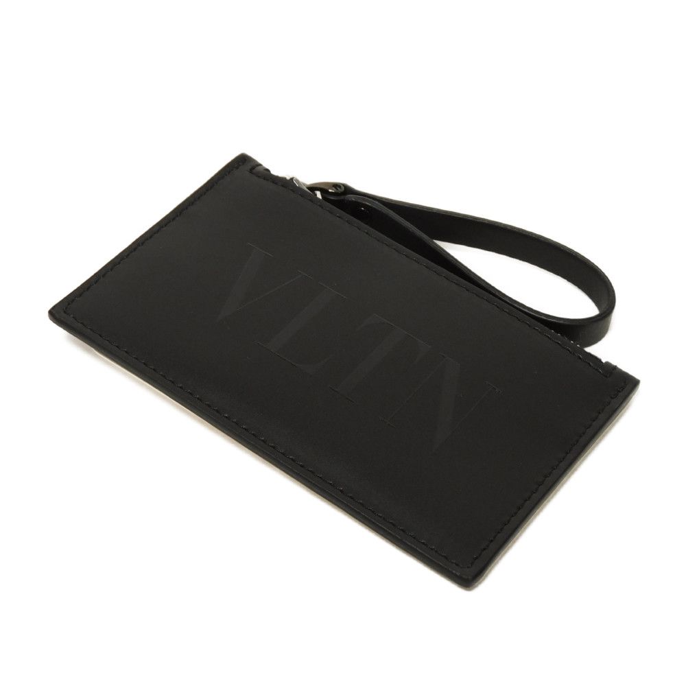 Used 8901 VLTN Logo Embossed Zip Card Holder 1Y0P0540BHY 7943 Calfskin RFID Unused One Stud Black Men's from Japan