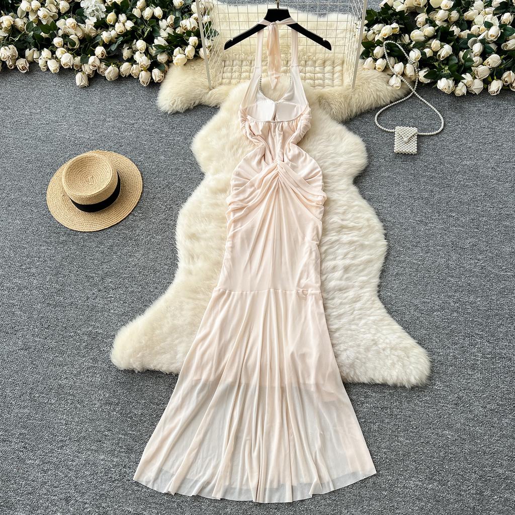 Summer Women Sexy Halter Open Back Luxury Beading Metal Fold Lace Evening Party Slim Long Maxi Dresses