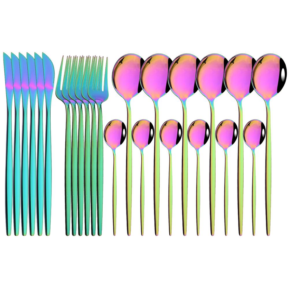 Rainbow Color 24Pcs Dinnerware Stainless Steel Cutlery Set for 6 People Knife Fork Spoon Western Tableware Silverware Set for Home Wedding