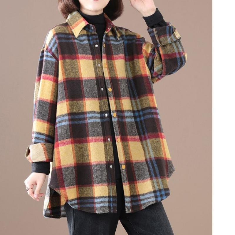 Camicia da Donna Autunno 2025 Nuova Patchwork Collo Polo Bottoni Plaid Levigato Moda Larga Manica Lunga