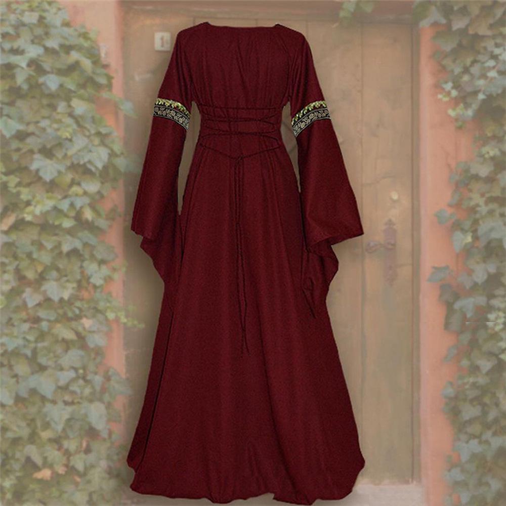 Vestido Medieval Gótico Retro de Cuadrado con Cordones y Mangas de Campana