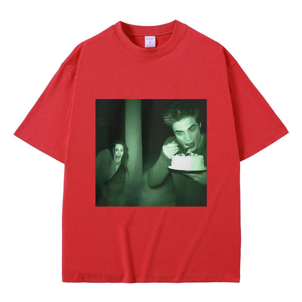 Funny Twilight Edward and Bella Trail Cam Rating Cake Print T-shirts Robert Pattinson Meme Tshirt Men Fashion Oversized T Shirts