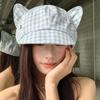 Sweet Blue Plaid Cat Ear Beret for Women, Designed To Flatter Larger Heads and Create a Slimming Effect