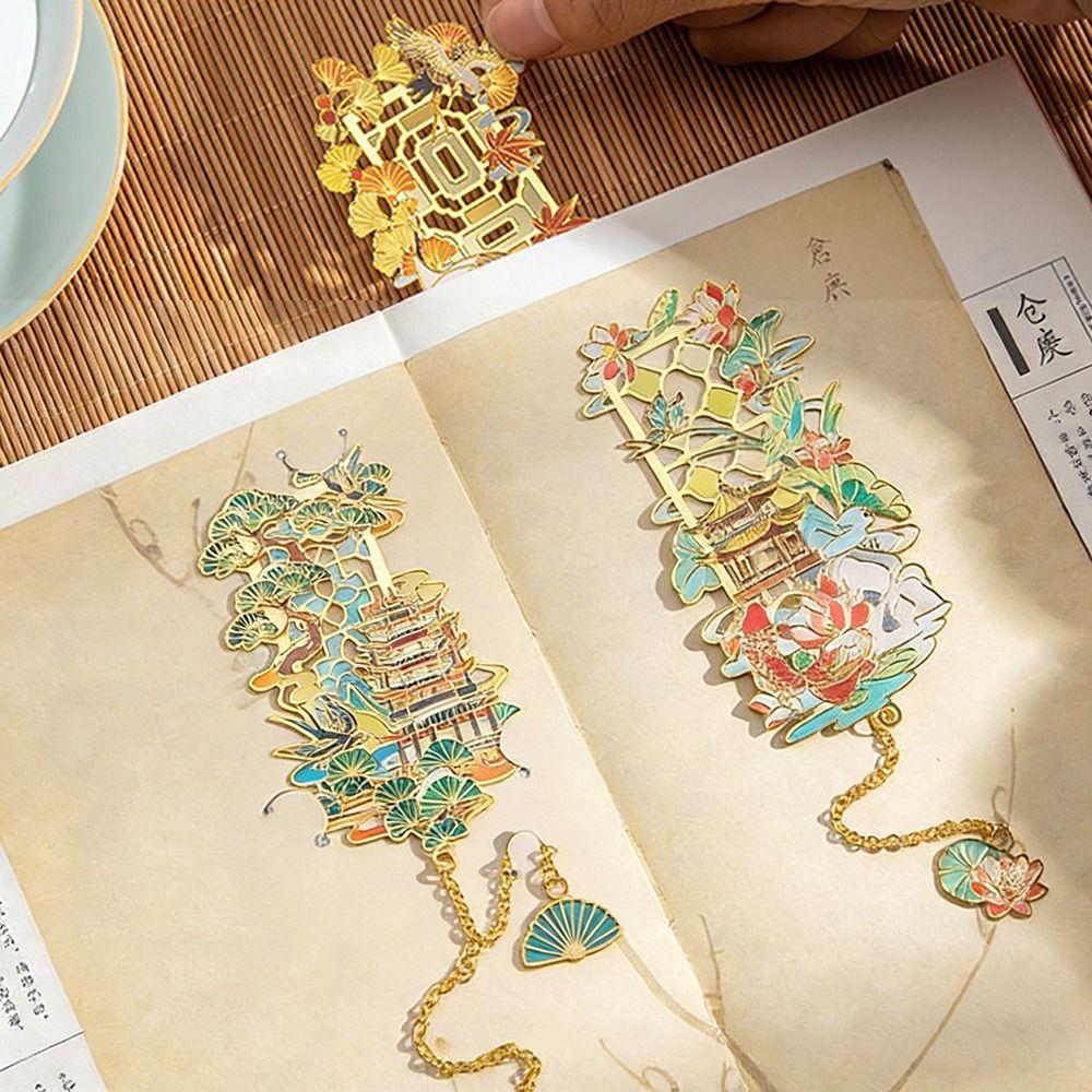 New Metal Metal Bookmarks Painted Pendant Book Clip Tassel Chinese Style Flower Bookmarks Stationery