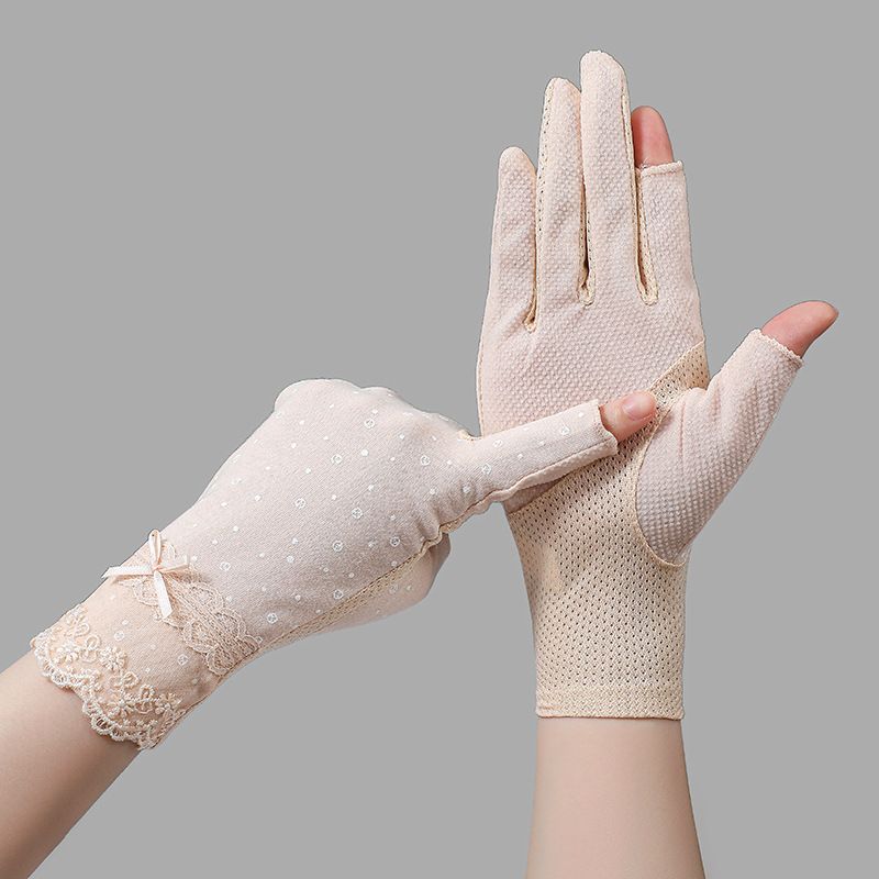 

Женские перчатки из ледяного шелка с полупальцами, дышащие, для сбора чая, солнцезащитные Cotton-Lace lace-dew two fingers-beige All yards