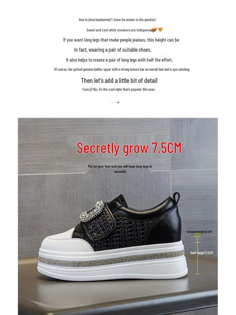 Women's 2025 Autumn White Rhinestone Casual Sneakers with Magic Tape and Petite Height-Boosting Thick Sole