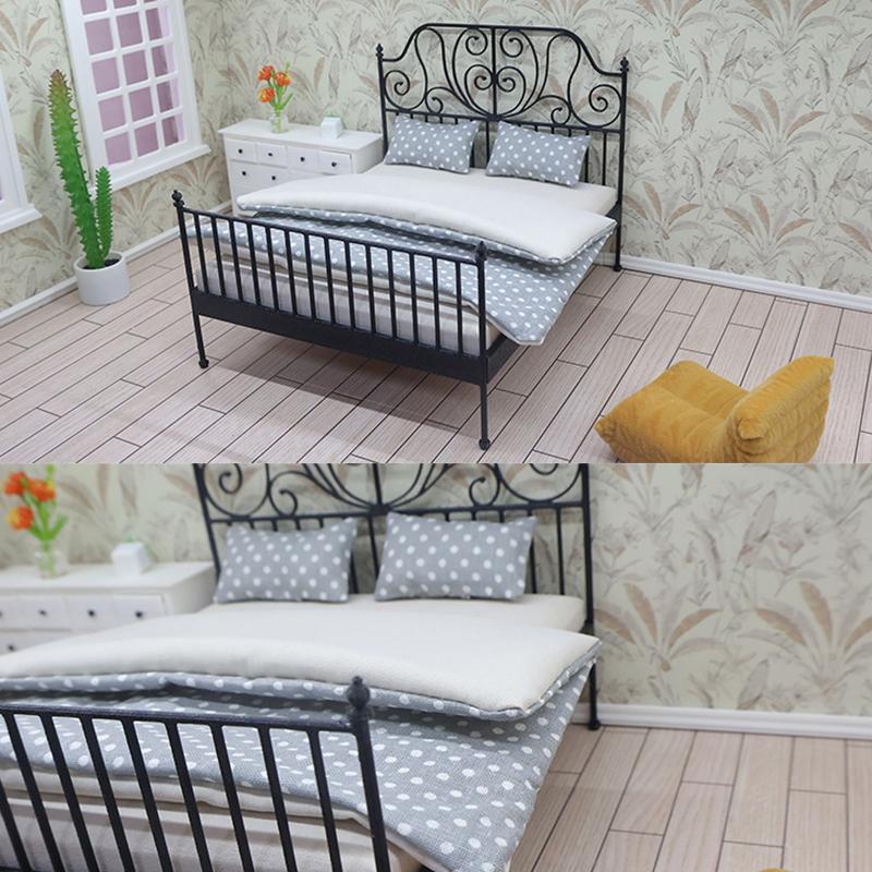 1/12 Dollhouse Simulation European Bed With Mattress Pillow Quilt Doll Home Iron Art Double Bed Bedroom Furniture Decoration Toy