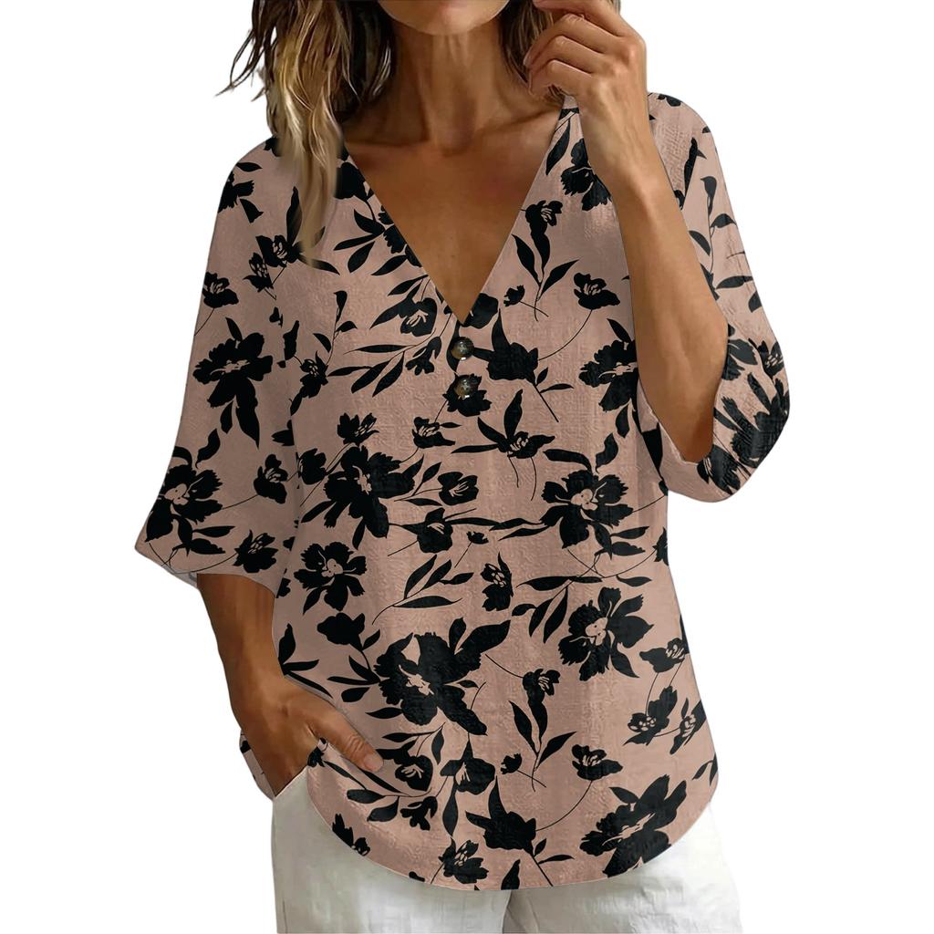 Women's Vintage Floral Print V Neck Loose Fit Short Sleeve T Shirt Made of Linen Blend Fabric Casual Lightweight Top for Everyday Wear