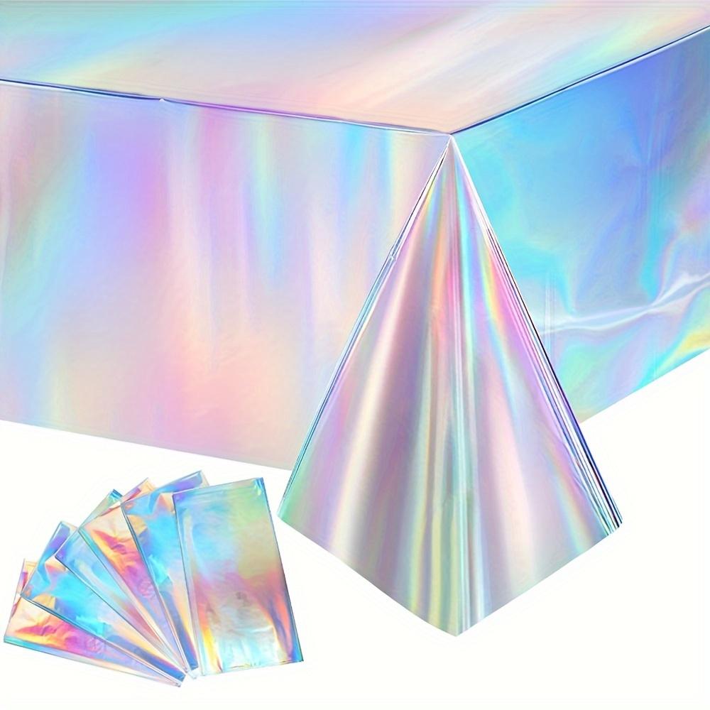 [Holographic Party Table Covers] 10-Pack Iridescent Holographic Party Table Covers - Disposable Plastic Foil Tablecloths for Celebration - Wedding