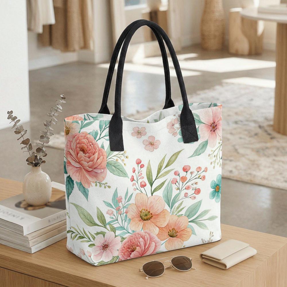  Floral Printed Tote Bag Casual Lightweight Canvas Handbag for Daily Use