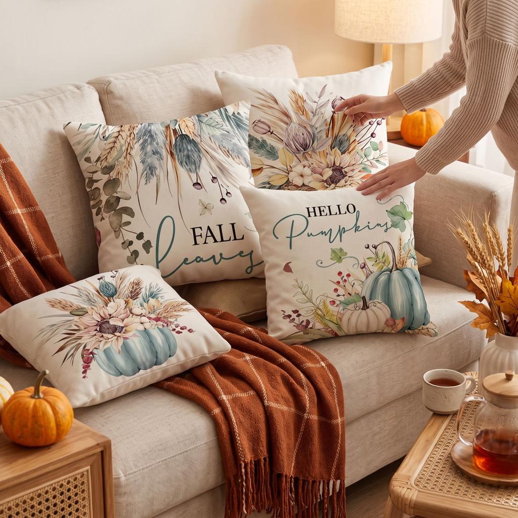 4 Pack Fall Thanksgiving Throw Covers with Pumpkin and Maple Leaf Print for Sofa Couch Decor