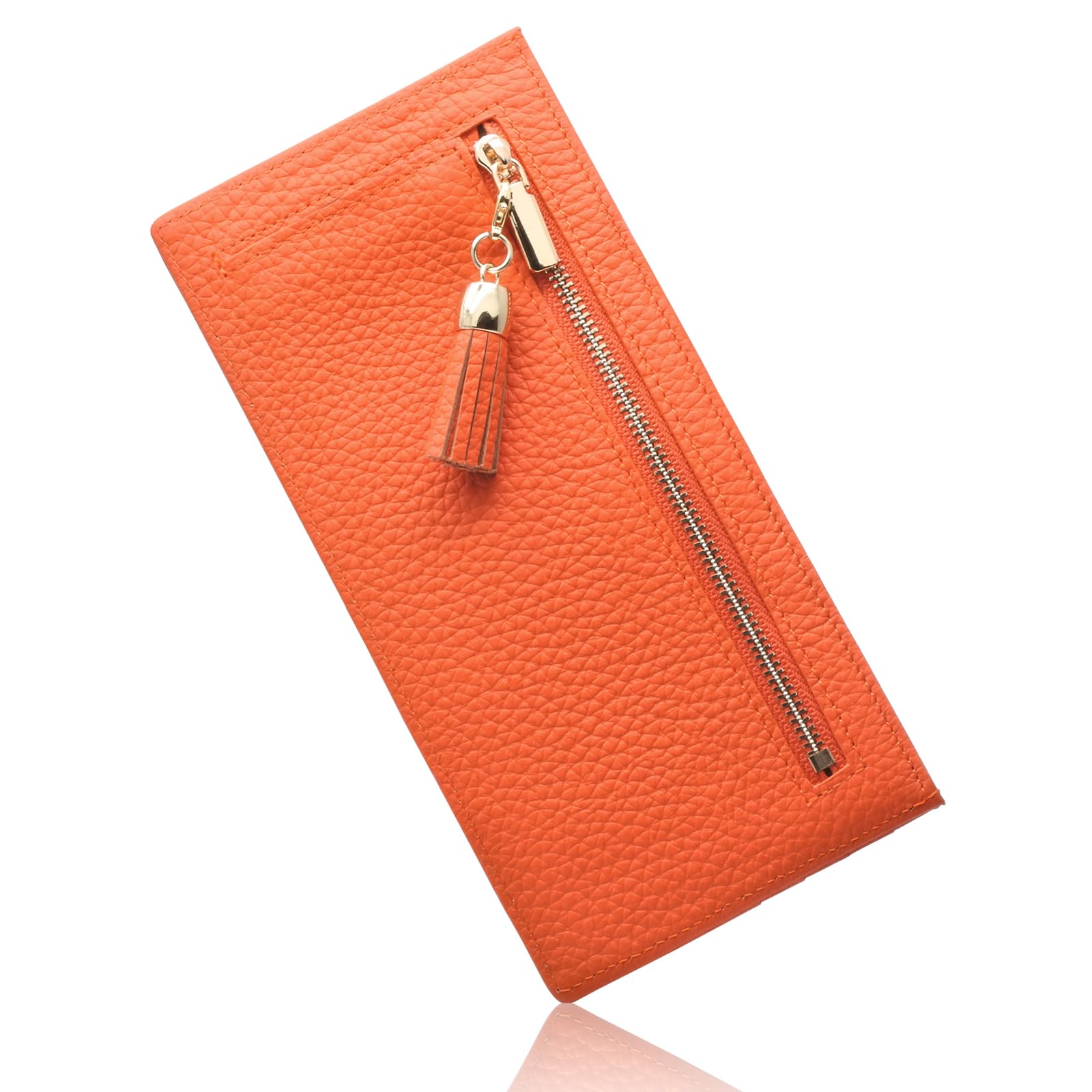 

KNUTe Кошелек из натуральной кожи, длинный, с отделениями для карт, купюр и монет на молнии, тонкий, женский (оранжевый) - Тонкий, Легкий, Умный, Кисточка, оранжевый