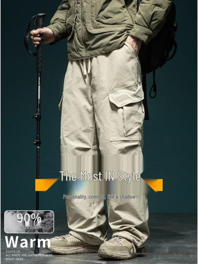Men's Loose Plus Size Outdoor Waterproof Ski Pants - Winter Warm 90% Duck Down, Cold-Resistant, Thick Cargo Style
