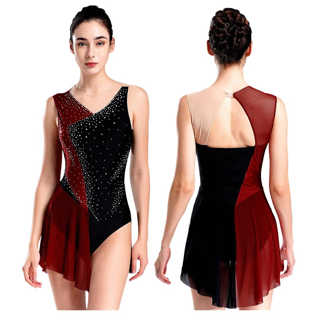 Women Ballerina Costume Figure Skating Dance Costume Sparkly Rhinestones Patchwork Skirted Leotard Fancy Performance Suit