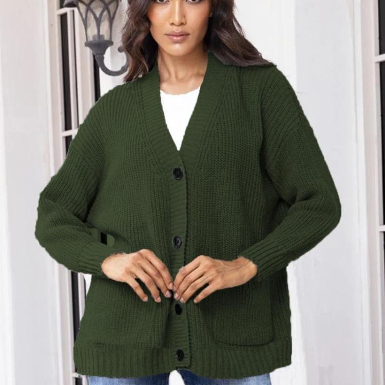 Women's V-neck Solid Color Knitted Cardigan Loose Single-breasted Sweater for Spring and Autumn
