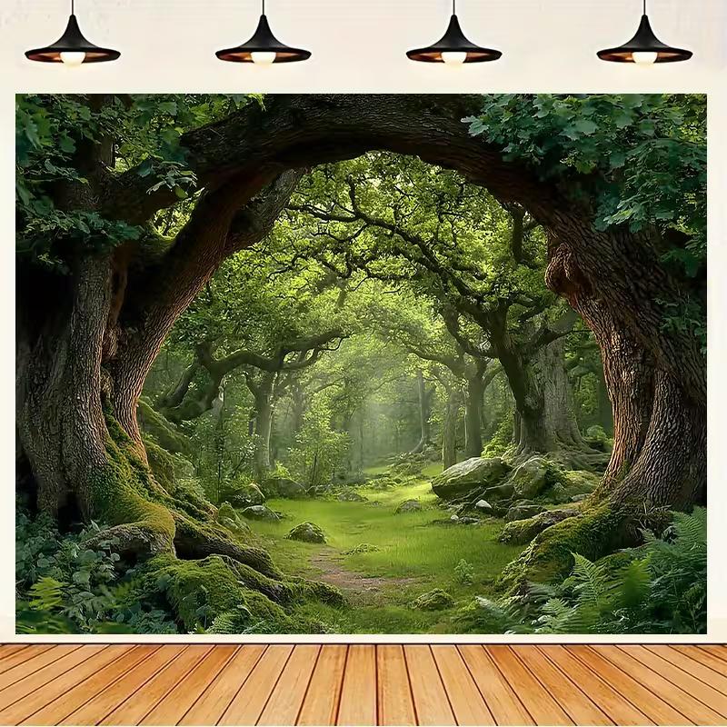 2D Zázračný lesní stromový oblouk Banner na pozadí, Přírodní zeleň Fotografické pozadí 70.9x43.3inch/180*110cm beige