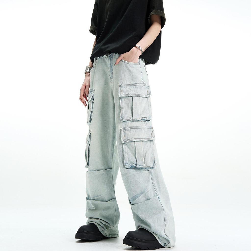 Unisex Light Wash Wide-Leg Workwear Jeans with Multi-Pocket Heavy-Duty Design