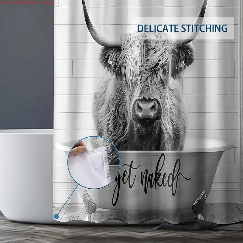 Grey Highland Cow Shower Curtain Set Get Naked Design- With Hooks Waterproof Mildew Proof Easy Install Washable