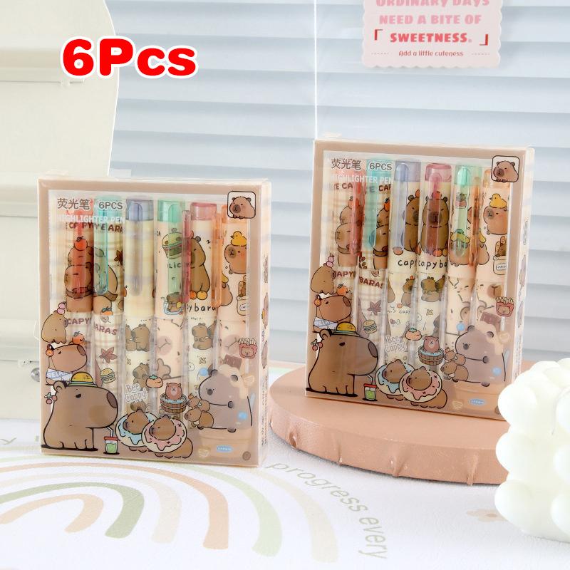 6Pcs Cartoon  Capybara Highlighters Set Cute Creative Mini Painting Marker Pens Office Supplies Student Stationery Gifts