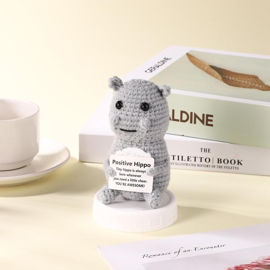 Handmade Positive Hippo Doll With Card Home Decoration Knitting Crochet Hippo Doll Ornament Room Decor Christmas Party Gifts