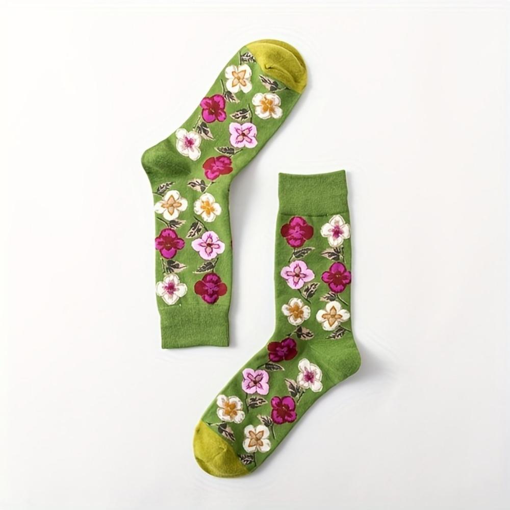 5 Paar Socken mit Blumendruck, Bequeme & Atmungsaktive Mid-Tube-Socken, Damenstrümpfe & Strumpfwaren