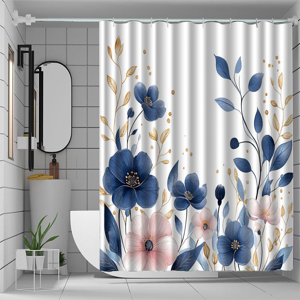 1pc blue floral pattern shower curtain with hooks, bathroom partitions, bathroom accessories, home decoration