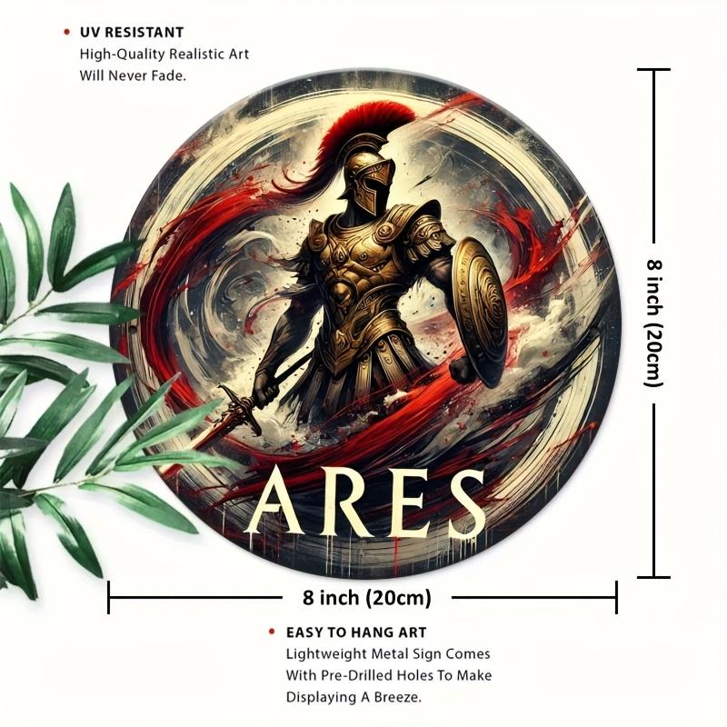 Greek God Ares Spartan Warrior Metal Wall Art cm Round Aluminum Mythology Decor with Helmet Spear Durable 20x30cm(7.8x11.8inch)
