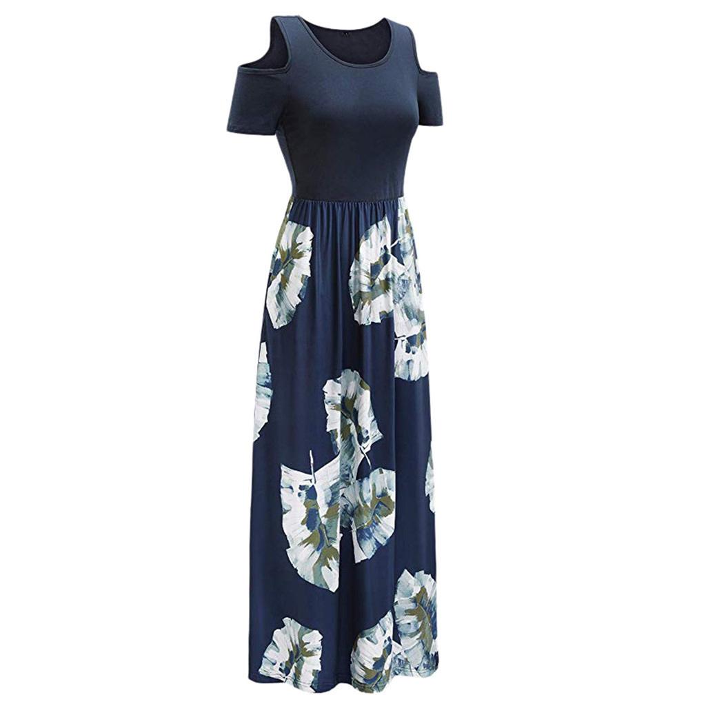 Women' Cold Shoulder Pocket Floral Print Elegant Maxi Short Sleeve Casual Dress