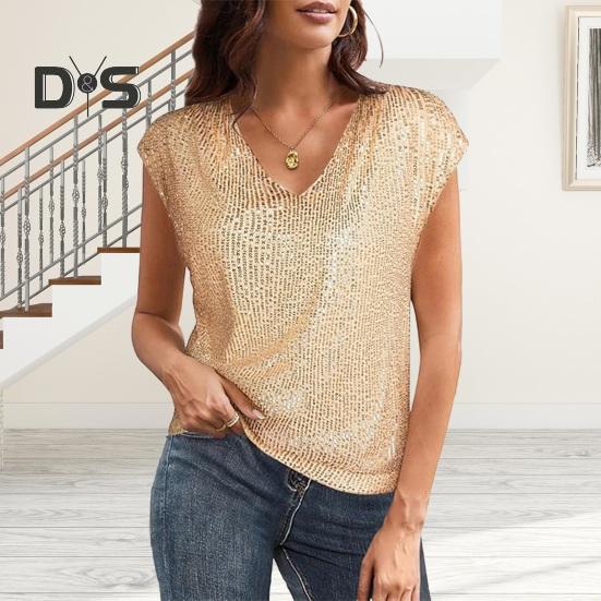 Women Vest Sparkling Sequin Tank Top V Neck Short Sleeve Elastic Party Tops Summer Loose Fit Vest Daily Wear