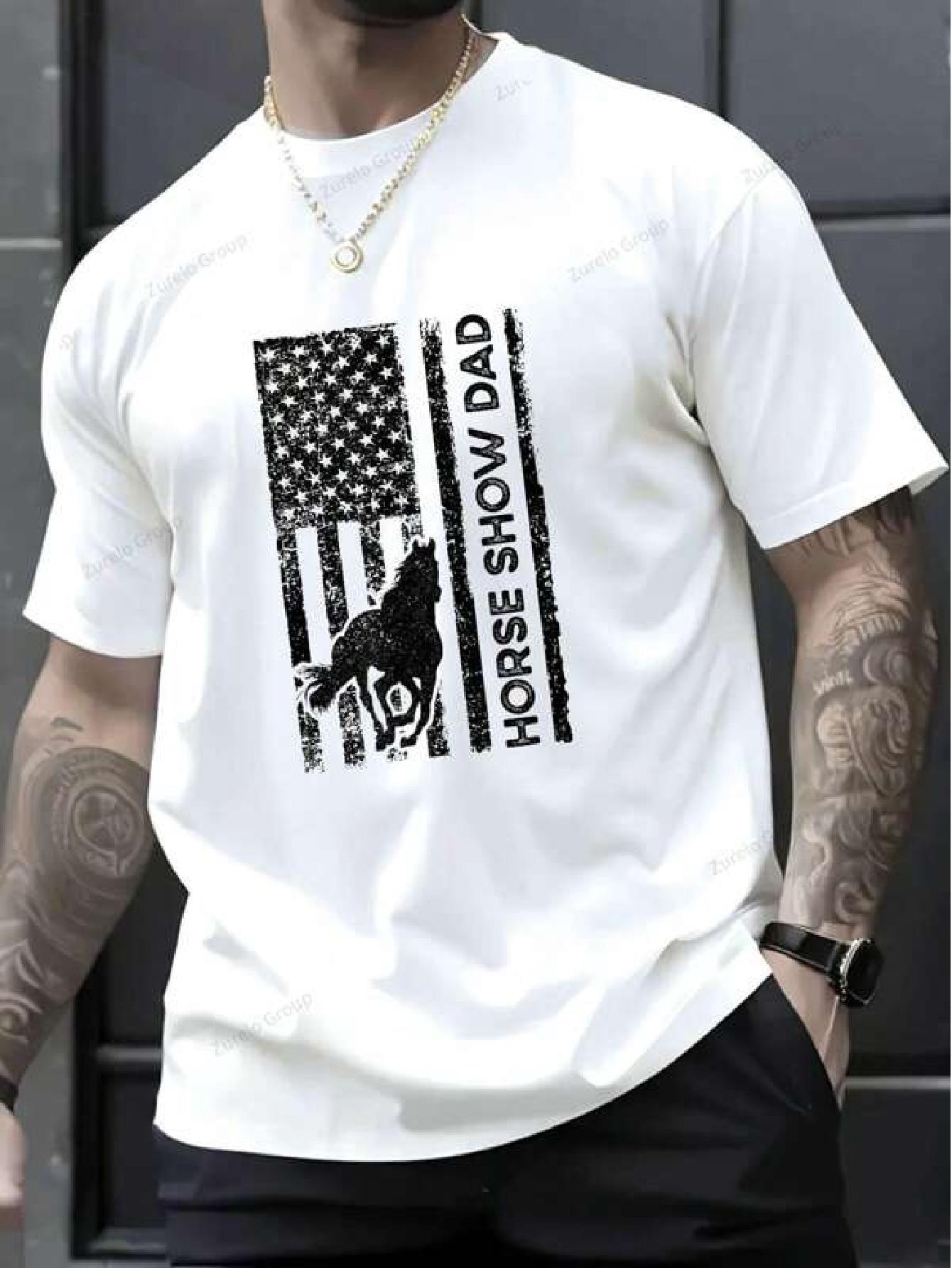 & WoPatriotic Horse Show Dad Graphic Cotton T-shirt - American Flag & Cowboy Boots Print S