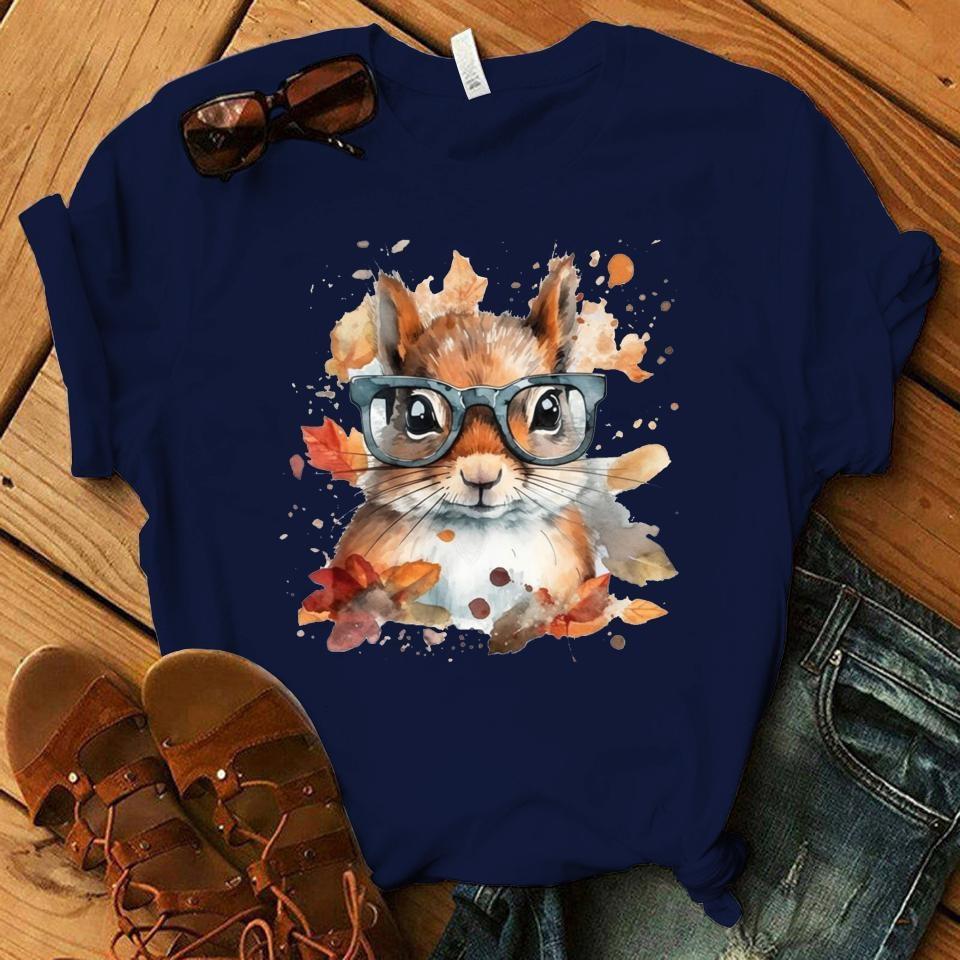 Cute Squirrel Pattern Printed T-Shirt Personalized Creative Casual Round Neck Shirt Funny Squirrel T-Shirt Top