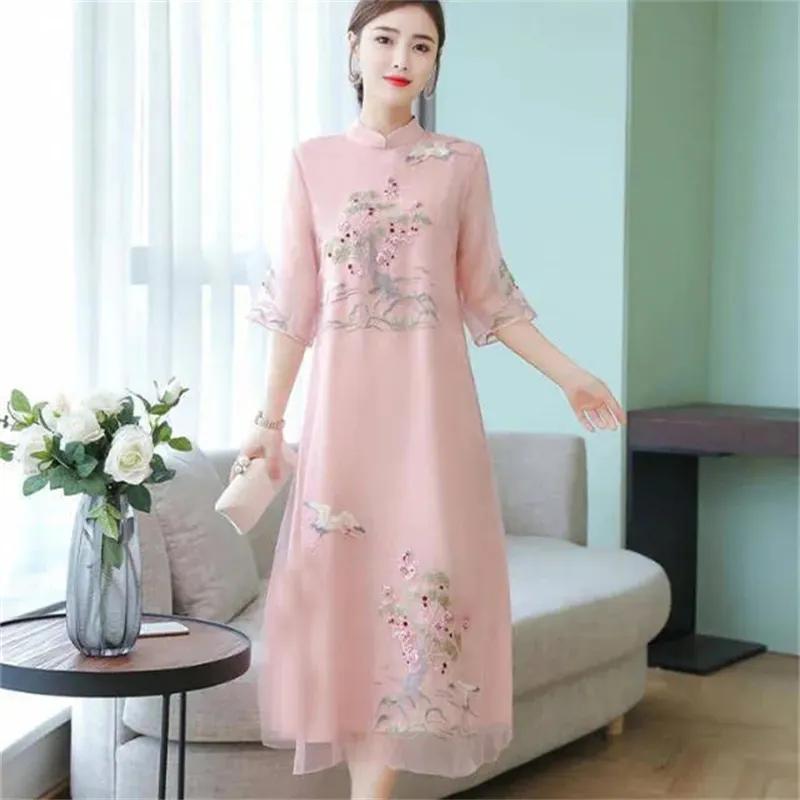 Summer Women Cheongsam Improved Dress Retro Elegant Embroidery Long Dresses Floral Party Dress Chinese Female Clothing