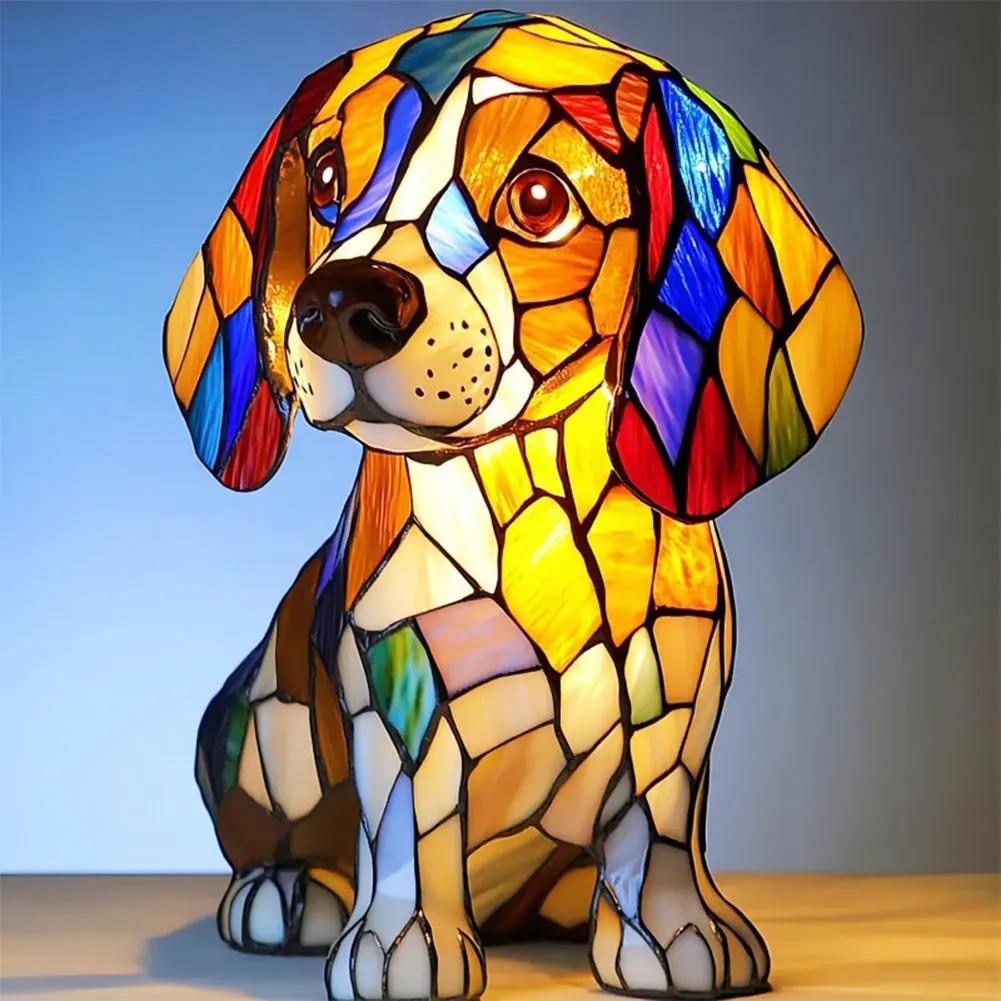 LED Animal Resin Table Lamp Dog Series Art Night Light 3D Stained Glass Cute Dog Bedside Lamp for Living Room Bedroom Decoration