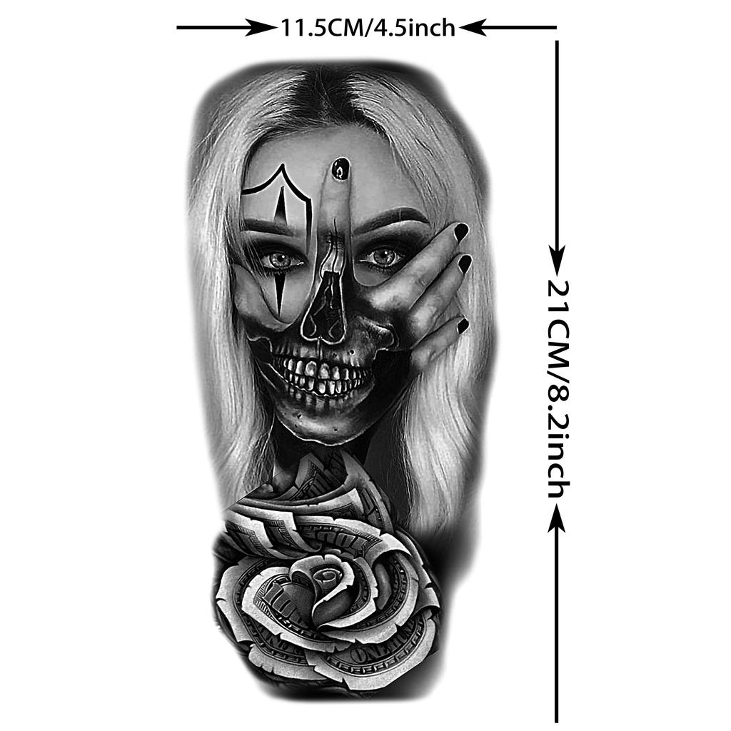 1 Sheet Black Dragon Death Skull Lion Temporary Tattoos For Men Women Arm Leg Realistic Fake Wolf Tiger Tattoo Sticker Gangster
