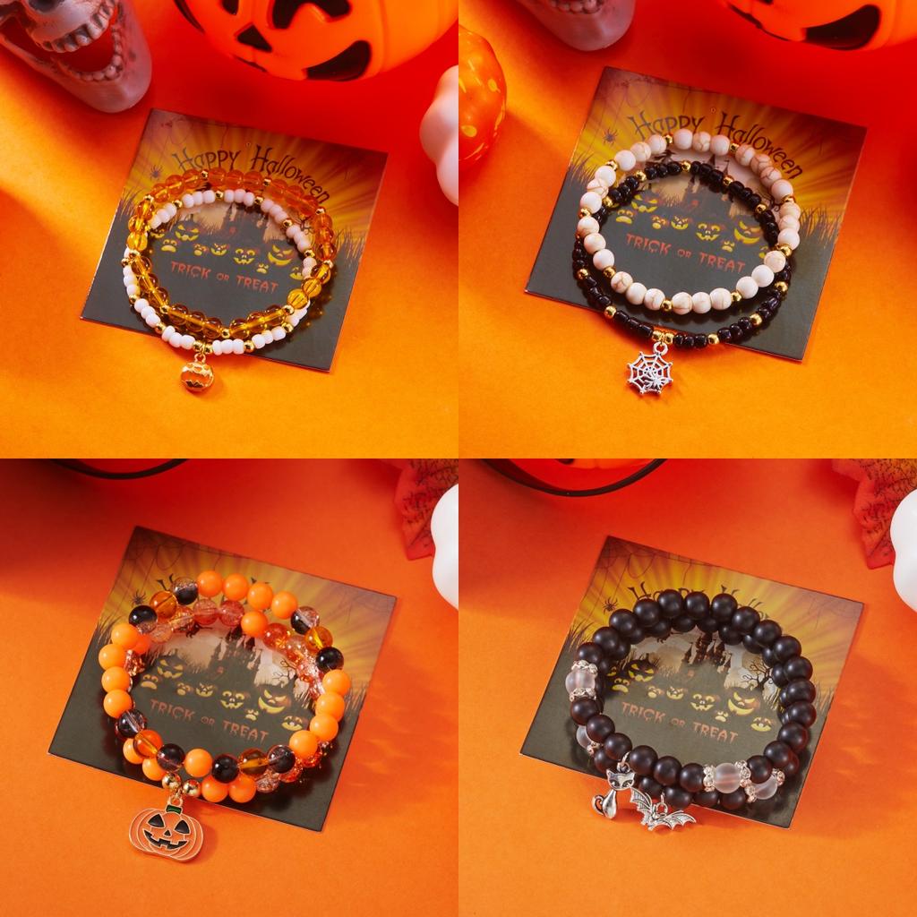 2Pcs/Set Halloween Pumpkin Spider Bracelets For Women Men Cute Cat Bat Ghost Couple Bangles Crystal Beads Bracelets Jewelry Gift