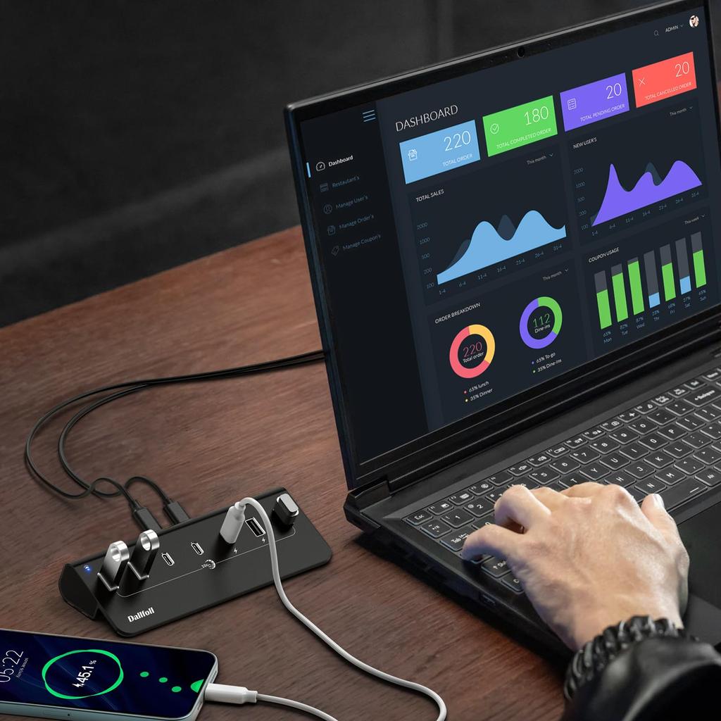 Dallfoll USB Hub USB Hub 7 Port USB Gen2 10Gbps Expansion Splitter 4 USB A Ports and 3 USB C Ports Supports Charging HUB 3.2 BC1.2 Self-powered