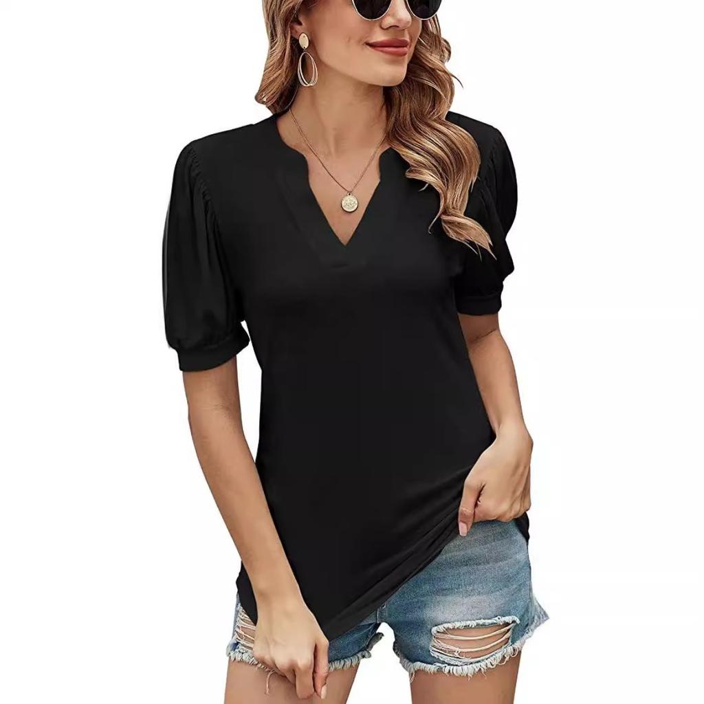 Summer Women's Casual V-Neck Solid Color Puff Sleeve Loose T-Shirt Top for Women European & American Crossborder Apparel