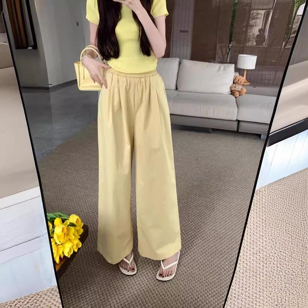 Latest Elastic Waist Loose Casual Pants for For Women with Cotton, Wide-leg Pants for Summer Dopamine Trousers Straight Pants All-match Pants