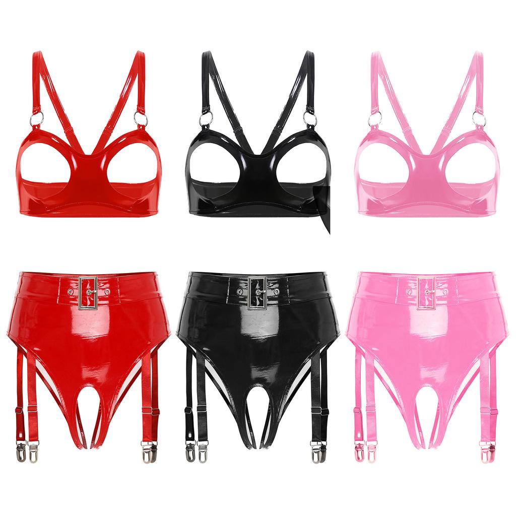 Women‘s Shiny PU Leather Rave Wear Open Cup Wirefree O Ring Crop Top and Built-in Thong Layered Miniskirt with Garter Clips for Nightclub Party