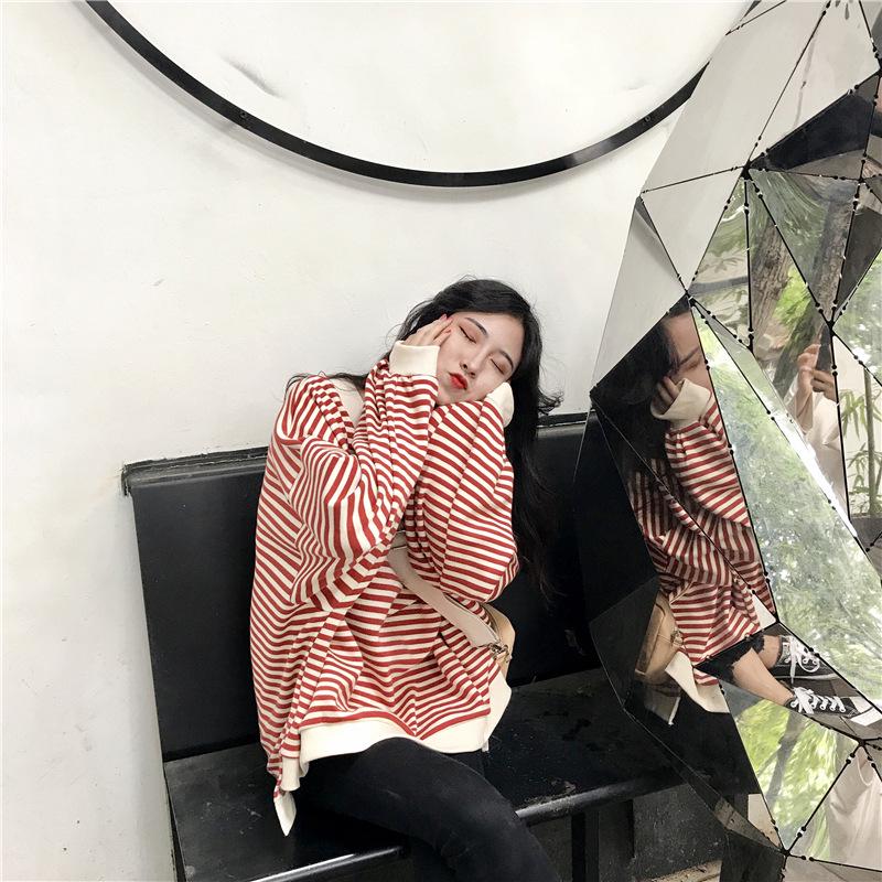 2025 Women's Korean Style Color Block Retro Stripe Hoodie - Spring/Autumn Casual Loose Fit