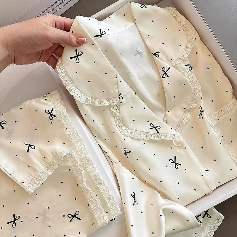 Sweet Lace Edge Ice Silk Polka Dot Pajamas Women'S Spring And Autumn Long Sleeves Explosive Bow Summer Loungewear Set