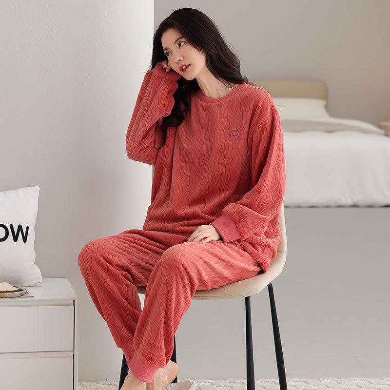 Flannel Pajamas Women'S Autumn And Winter Fleece Thickened Warm Suit Sweet Coral Fleece Loungewear
