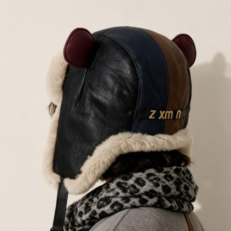 Unisex Winter Fleece Lined Aviator Hat With Bear Ear Detail Faux Leather Warm Beanie Cold Weather Outdoor Use