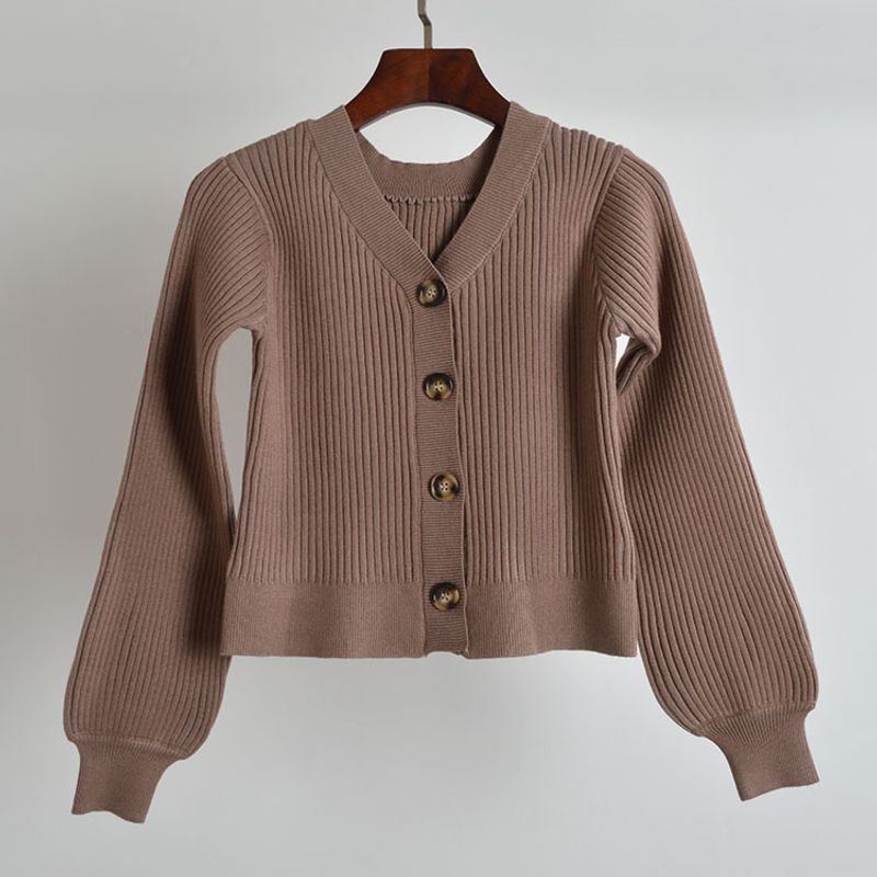 French Pure Color New Arrival Sunken Stripe V-neck Lantern Sleeve Knitting Sweater Cardigan Female Slim Fit Slimming Long Sleeves Coat Top