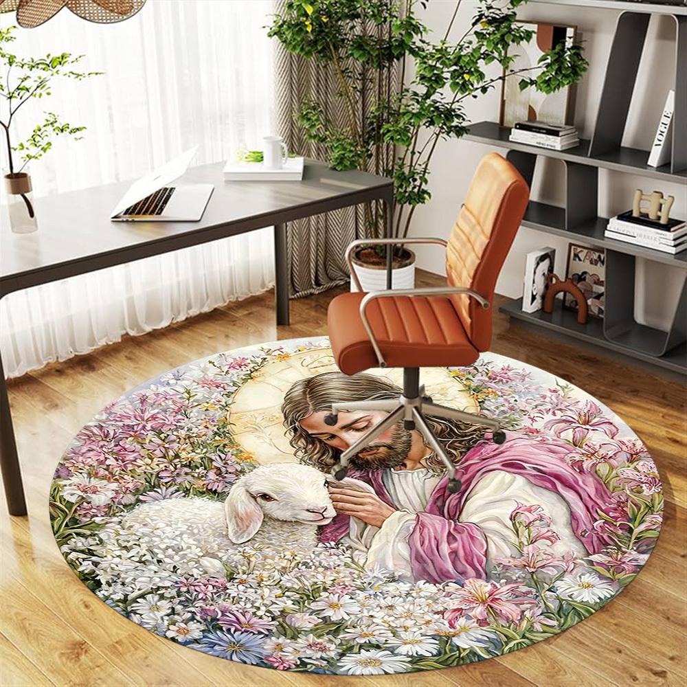 1pc Jesus Shepherd Lamb Round Chair mat office Area Rug - Non-Slip, Floor Mat for Office, Bedroom, Ideal home decor gift c0112106