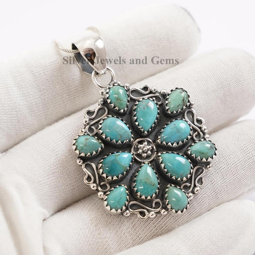 Arizona Turquoise Sterling Silver Pendant, Teardrop Gemstone Cluster Pendant
