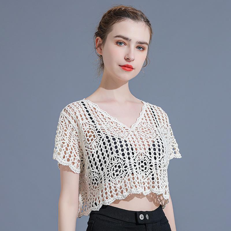 

Женский летний хлопковый вязаный крючком свободный пуловер - Новинка 2024, кружевное болеро с коротким рукавом One Size (80-135 cm bust) бежевый